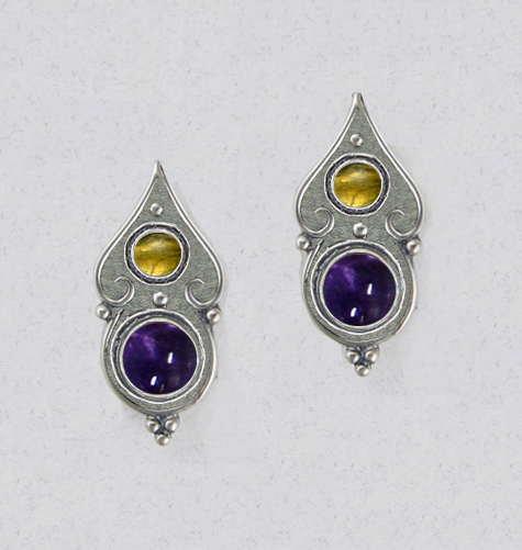 Sterling Silver Gothic Look Post Stud Earrings With Iolite And Citrine